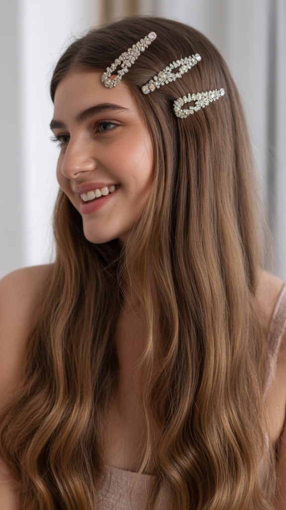 Straight Hair with Jeweled Clips