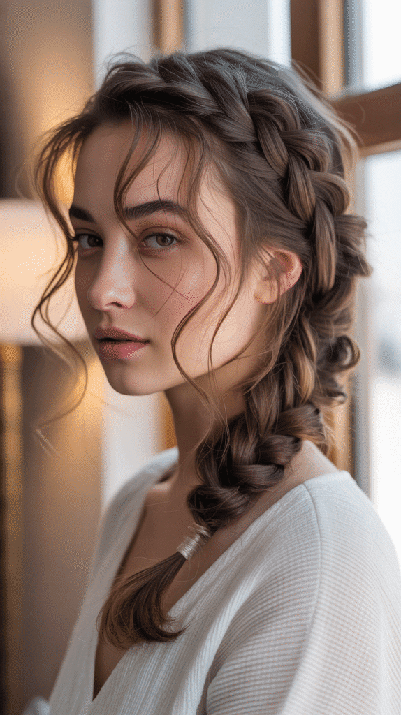 30 Winter Hair Braids Inspired by Aespa 22 Messy Side Braid with Face-Framing Pieces