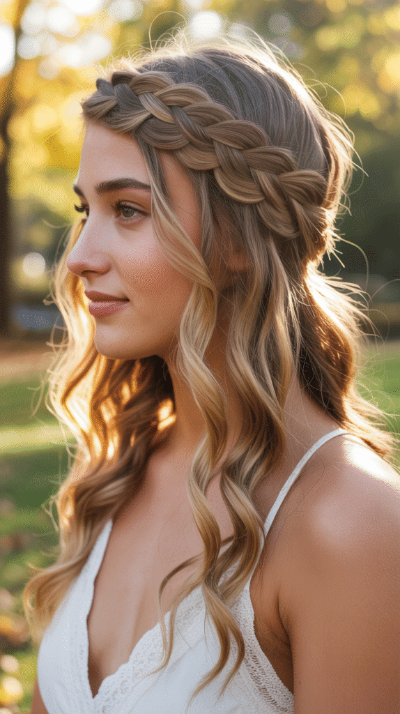 30 Trendy Half-Up Half-Down Hairstyles for HoCo 2025 27 Braided Headband Half-Up