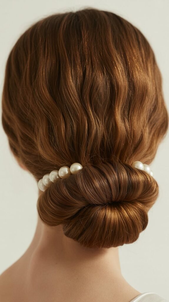 Soft Rolled Updo with Full Bangs