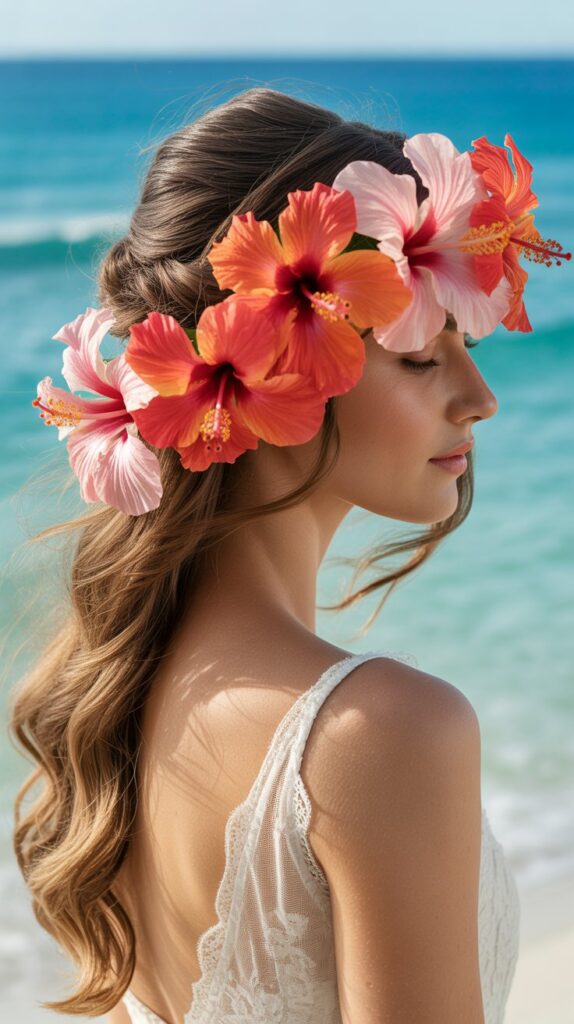 30+ Stunning Beach Wedding Hairstyles That Will Make Waves 4 Half-Up Half-Down With Tropical Blooms