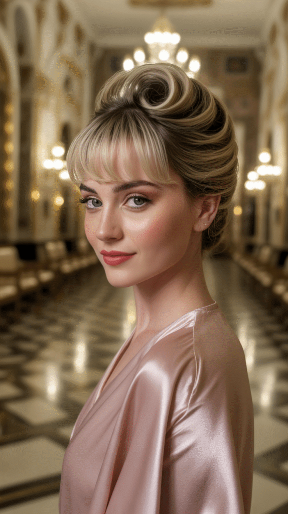 30+ Classy Bridesmaid Updo Hairstyles with Bangs 15 Voluminous Gibson Tuck with Curtain Bangs