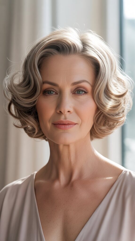 Top 32+ Short Hairstyles for Round Face Thin Hair Over 50 6 Short Wavy Bob with Center Part