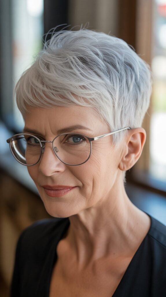 Best 27+ Hairstyles for Thin Fine Hair Over 60 with Glasses 11 Tapered Pixie with Longer Top