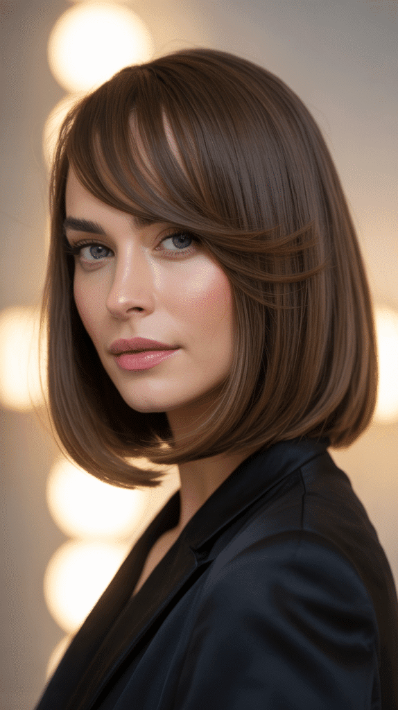 30 Stunning Long Bob with Curtain Bangs Ideas 13 Sleek Long Bob with Side-Swept Curtain Bangs