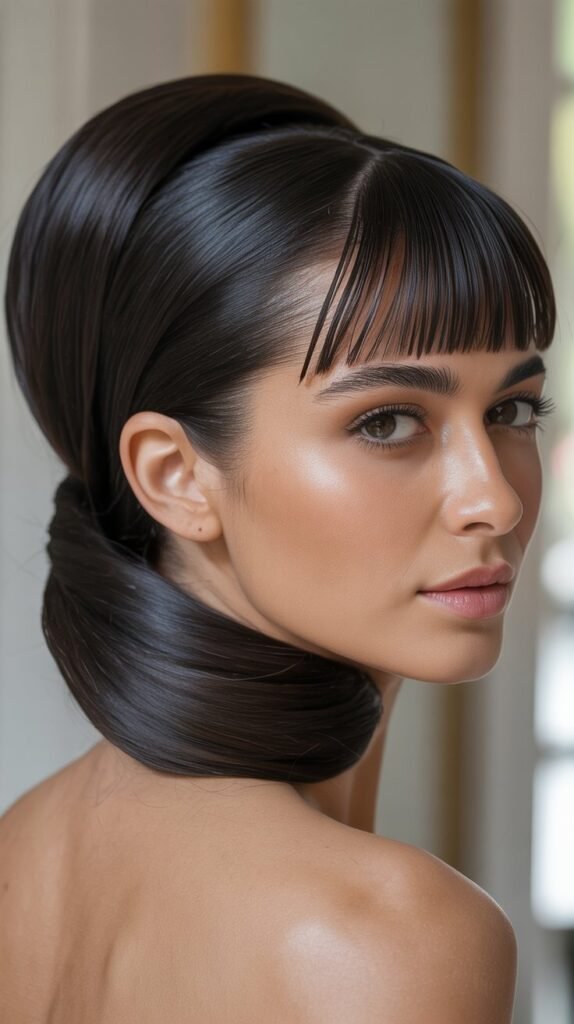 Sleek Wrap-Around Updo with Micro Bangs