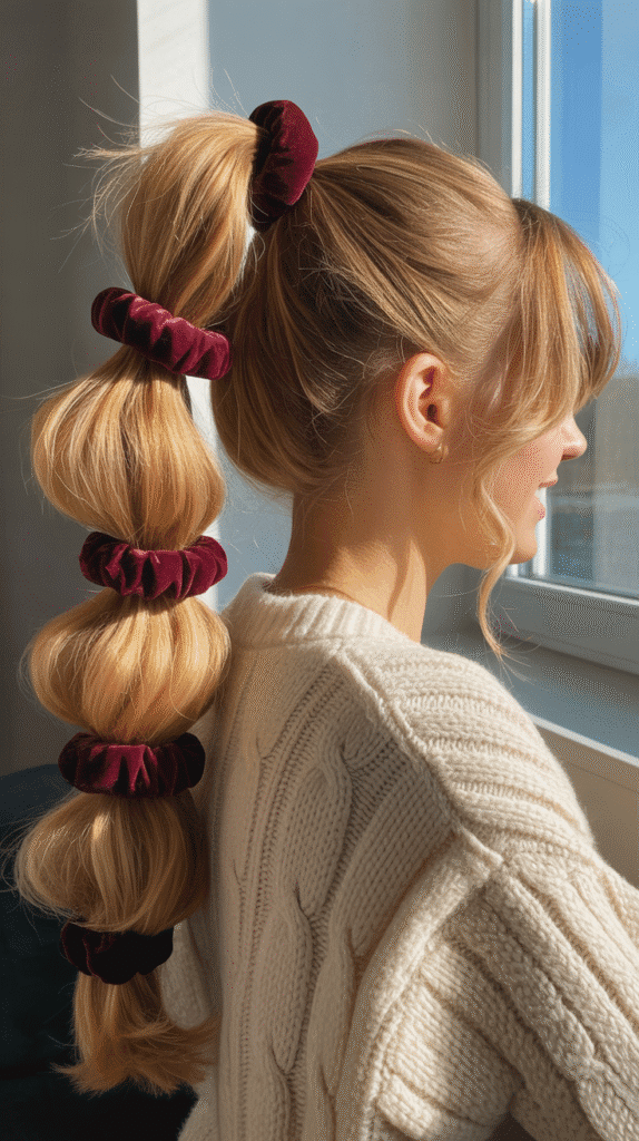 30 Must-Try Winter Hair Braid Trends for 2025 7 Bubble Braid with Velvet Scrunchies
