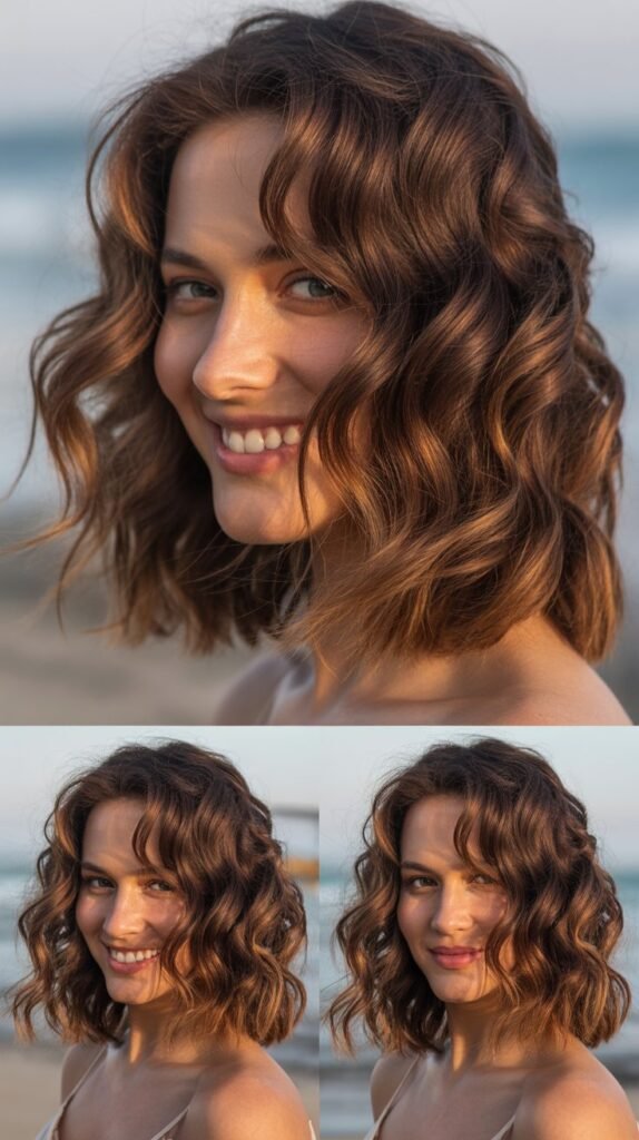 Caramel Highlights on Brown Beach Waves with Salt Spray Texture