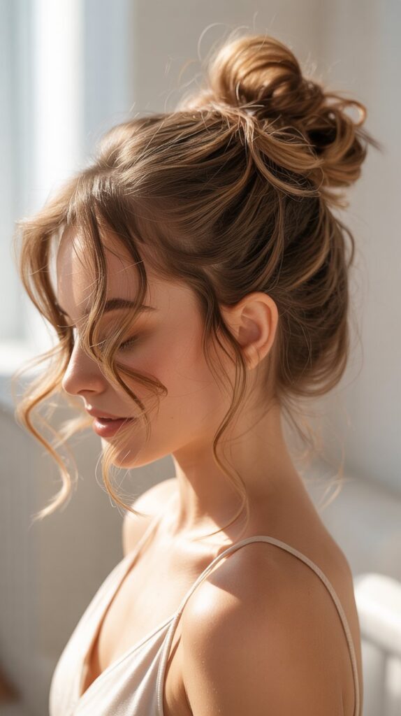 30 Cute Simple Hairstyles You Can Do in Under 5 Minutes 24 The Top Knot with Tendrils