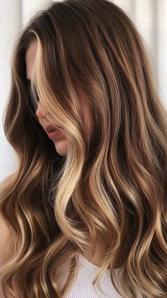 34 Trendy Brunette Balayage Hairstyles with a Money Piece 18 Hazelnut Balayage with Beige Blonde Money Piece