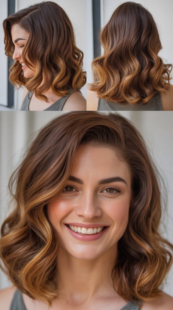 Caramel Highlights on Brown Waves with Side Part