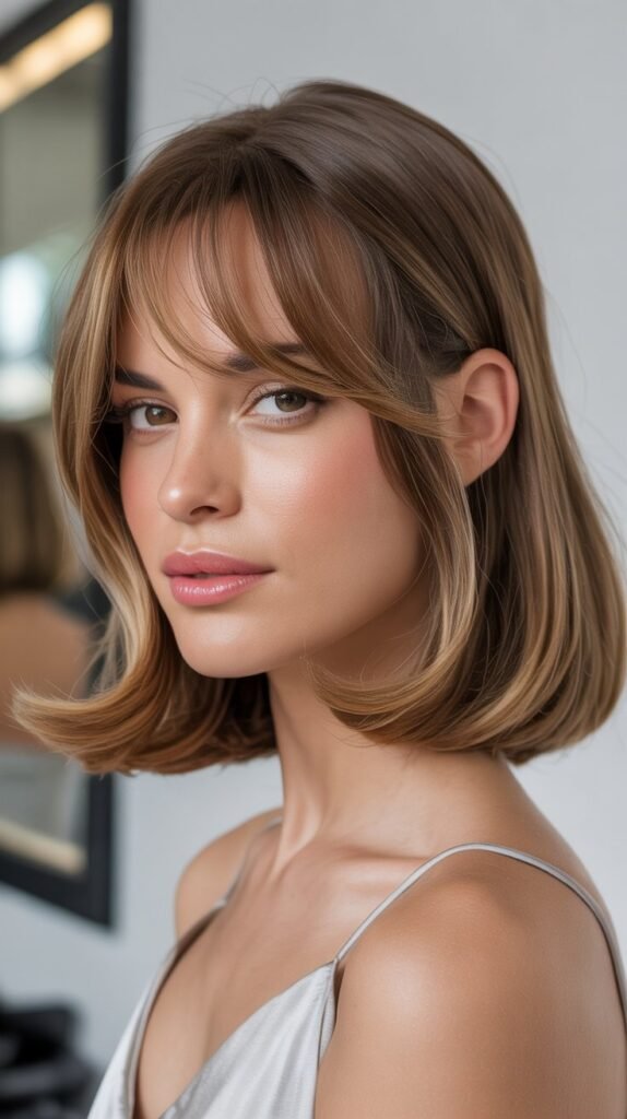 Long Bob with Curtain Bangs for Oval Faces