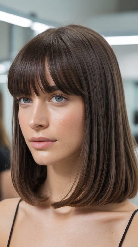 Sleek Long Bob with Blunt Curtain Bangs