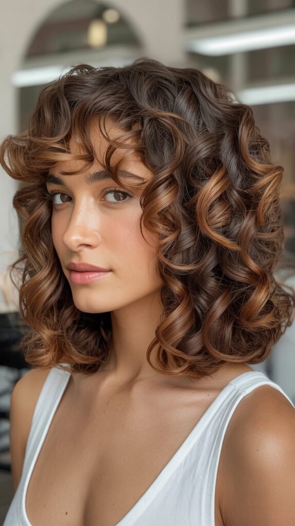 Curly Long Bob with Curtain Bangs