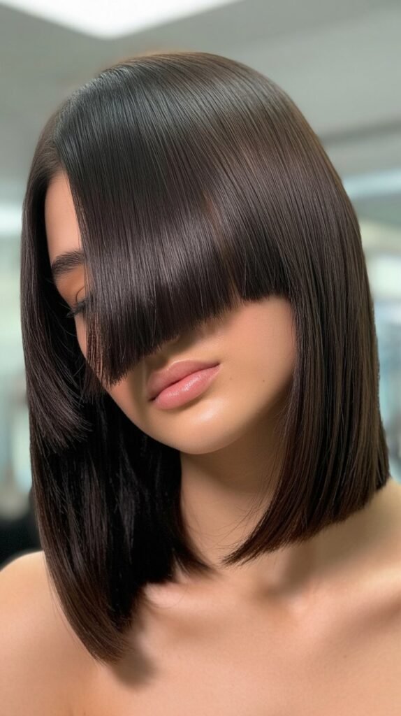 Sleek Long Bob with Dramatic Side-Part Curtain Bangs