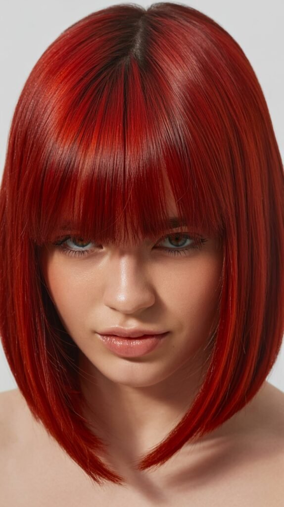 Sleek Long Bob with Bold Red and Curtain Bangs