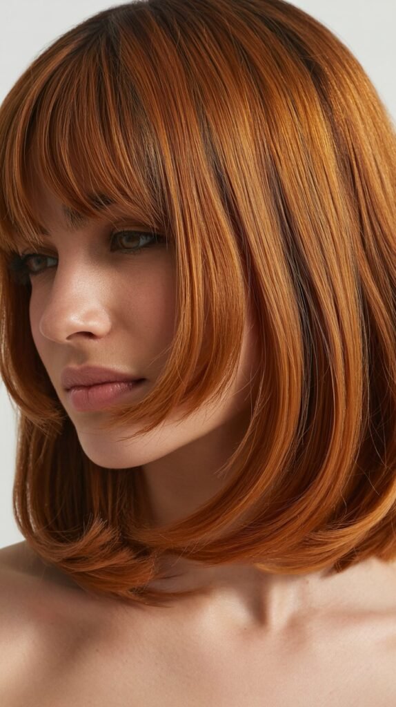  Long Bob with Curtain Bangs and Soft Red Tones