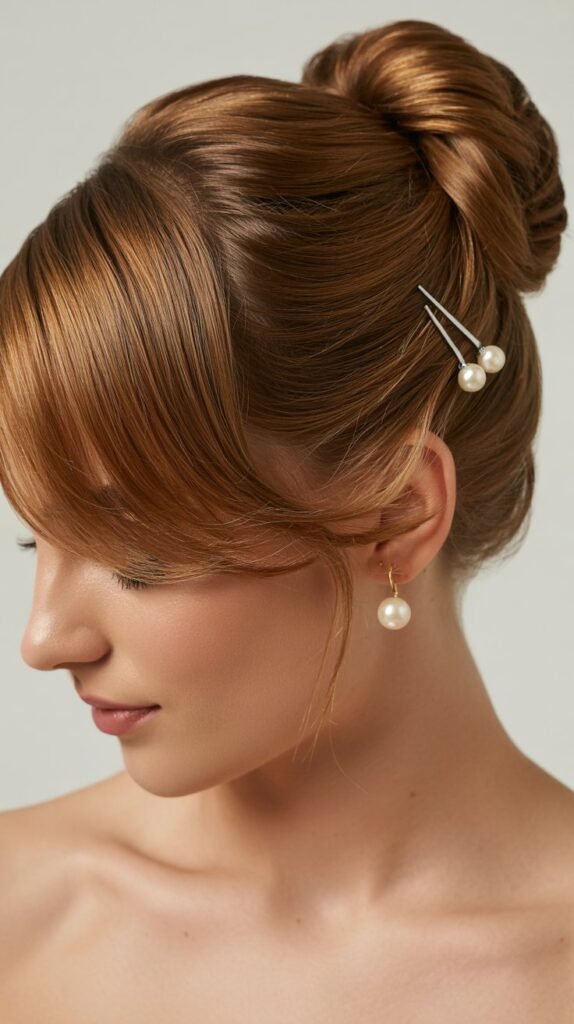 Asymmetric Rolled Updo with Side-Swept Bangs