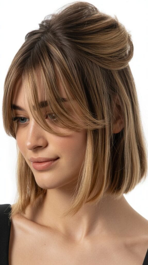 Long Bob with Curtain Bangs and Half-Up Styling