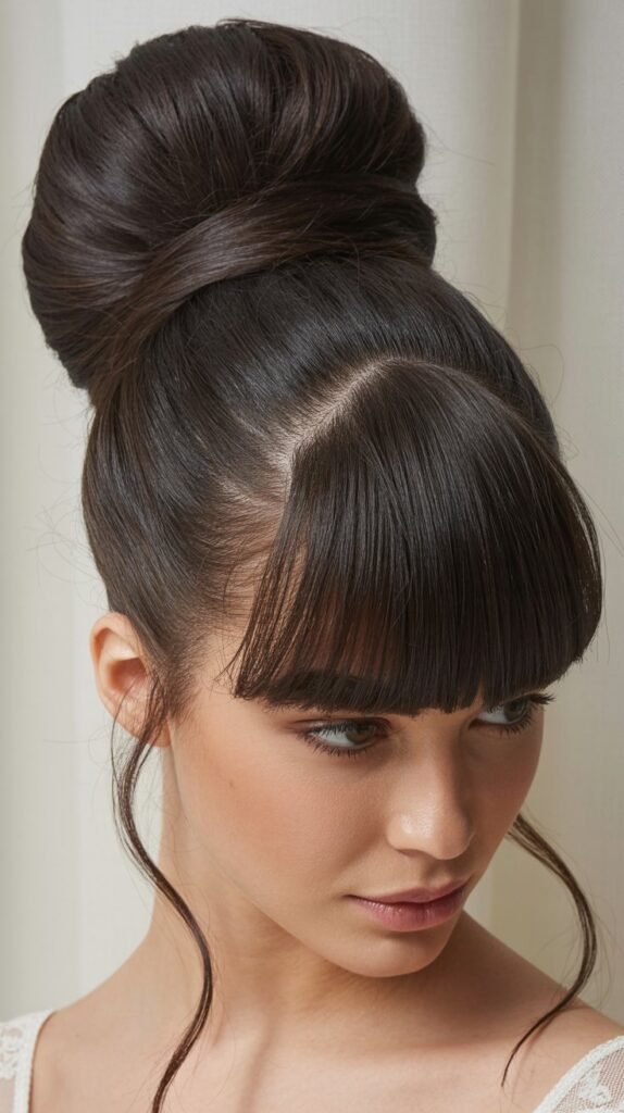 Textured High Bun with Blunt Bangs