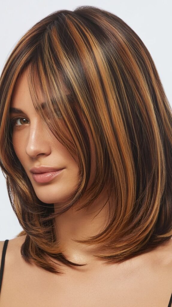 Long Bob with Curtain Bangs and Dimensional Brunette