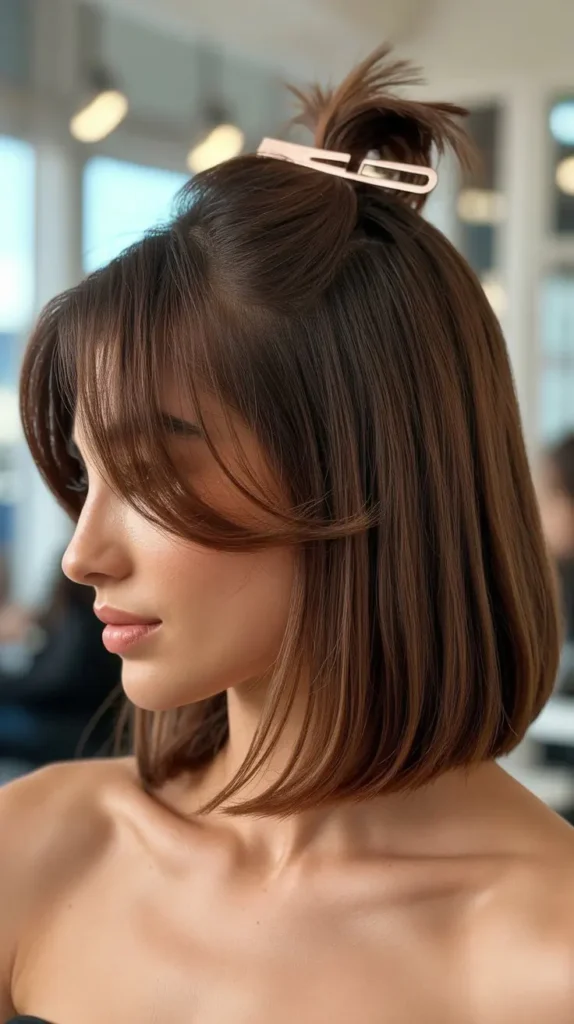 Long Bob with Curtain Bangs and Half-Up Styles