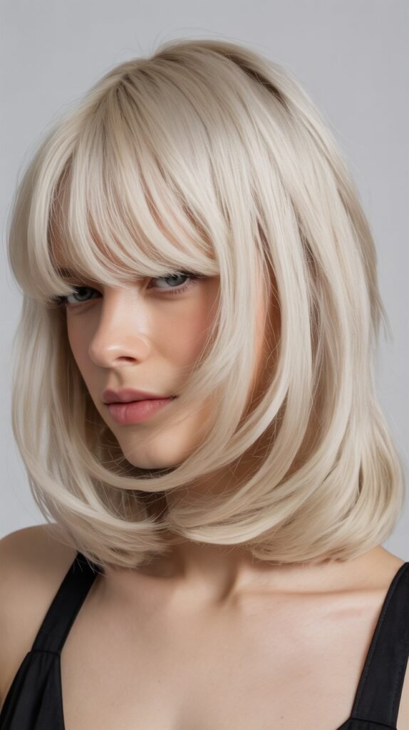 Long Bob with Curtain Bangs and Platinum Blonde