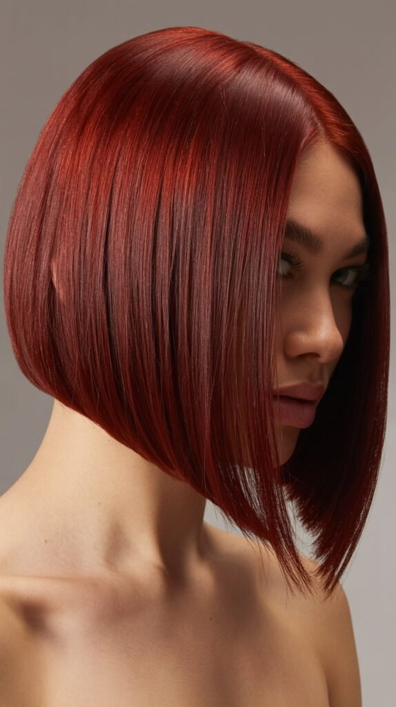 Long Angled Bob with Red Hair Color