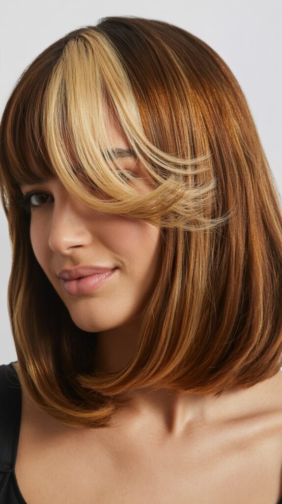 Long Bob with Curtain Bangs and Money Pieces