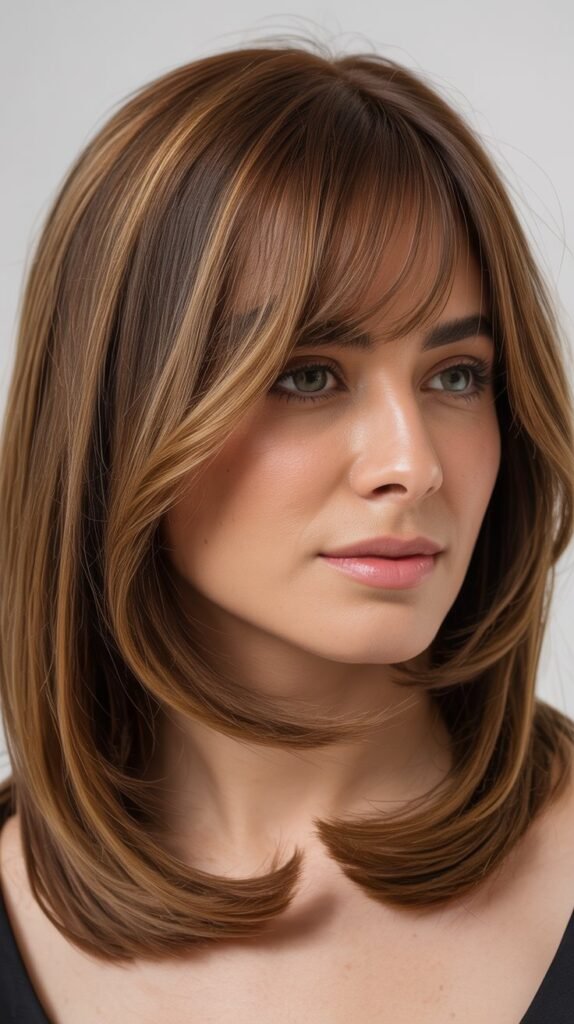 Long Bob with Curtain Bangs for Round Faces