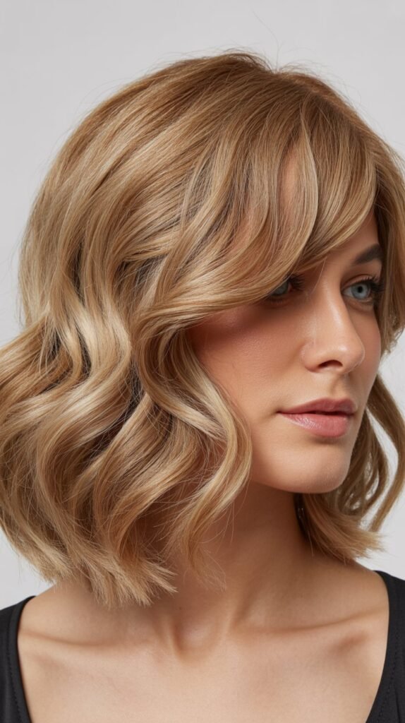Textured Wavy Long Bob with Side-Swept Curtain Bangs
