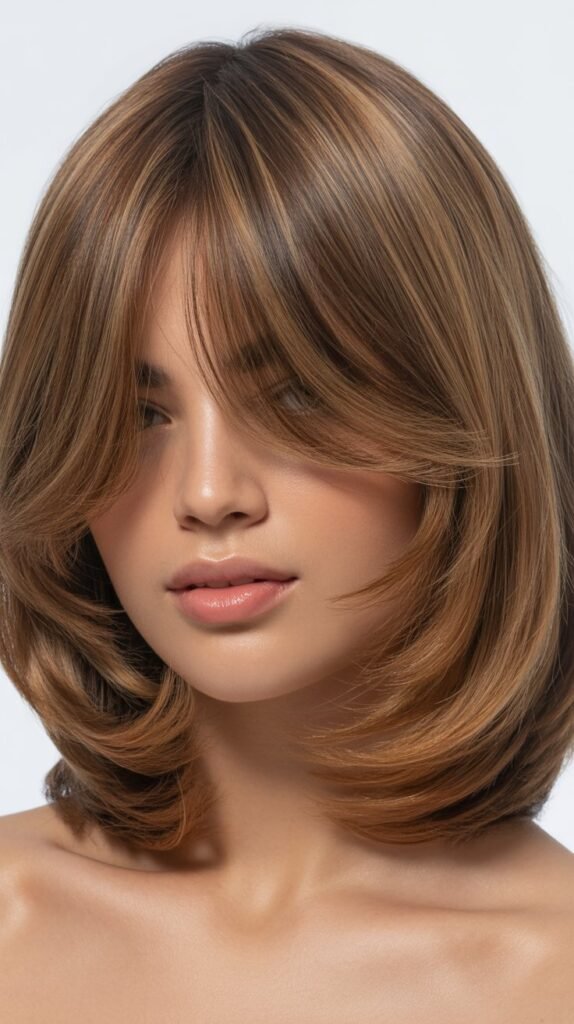 Voluminous Long Bob with Full Curtain Bangs