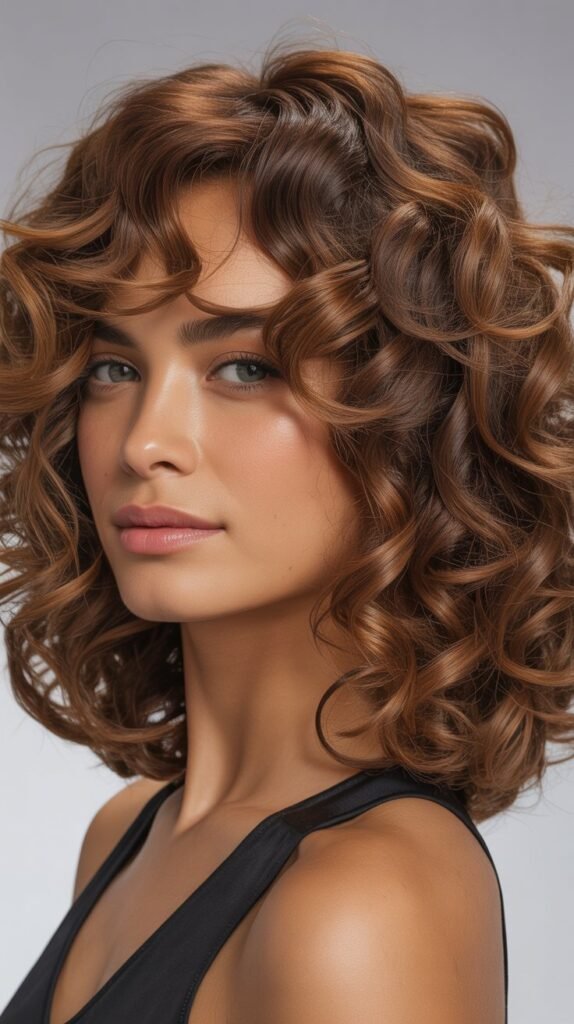 Curly Long Bob with Face-Framing Curtain Bangs
