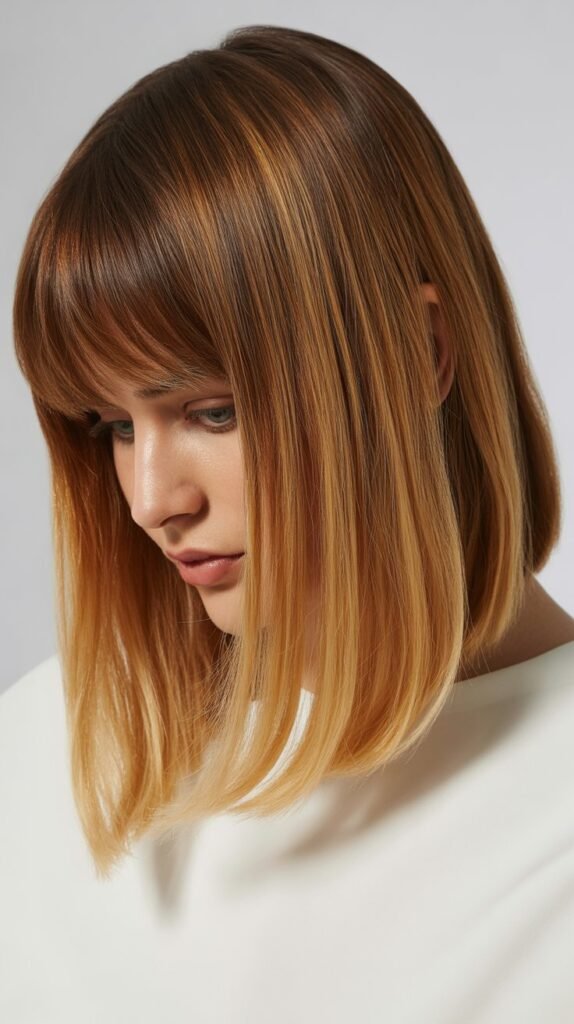Long Bob with Curtain Bangs and Ombre Effect