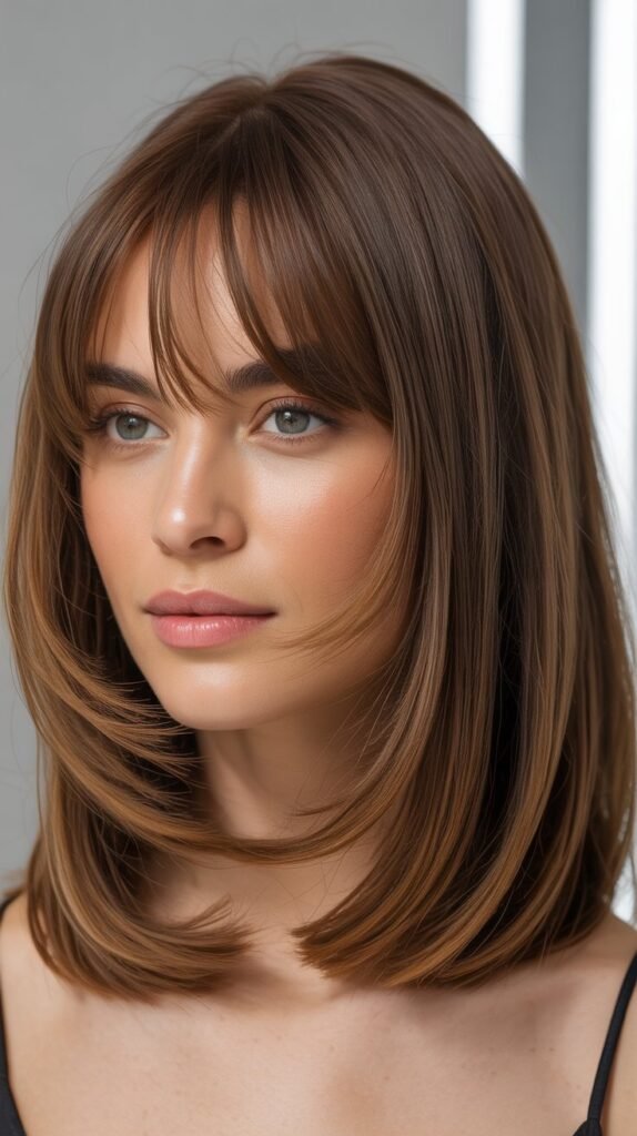 Long Bob with Curtain Bangs for Oval Faces