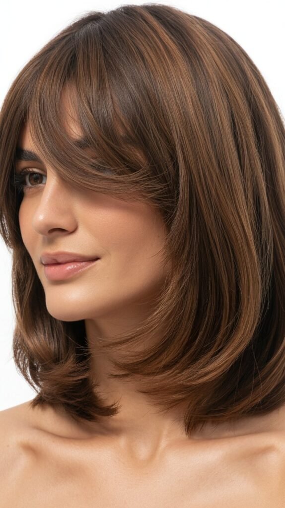 Textured Brunette Long Bob with Soft Curtain Bangs