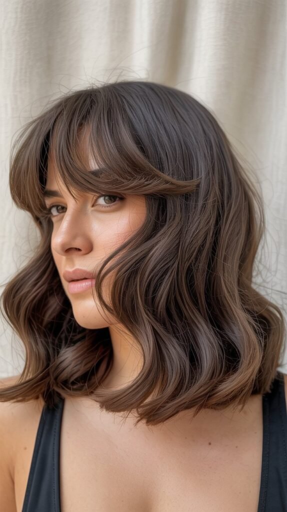  Long Bob with Curtain Bangs and Beach Waves