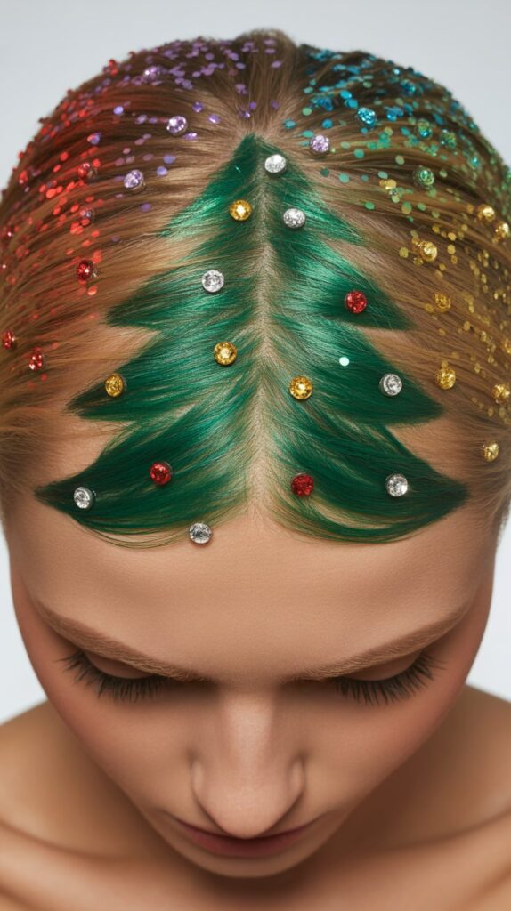 27 Stunning Christmas Tree Hairstyles to Shine Bright at Any Party 5 Glitter Root Christmas Tree