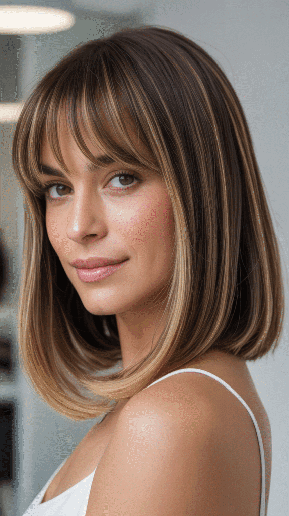 Long Bob with Curtain Bangs and Highlights