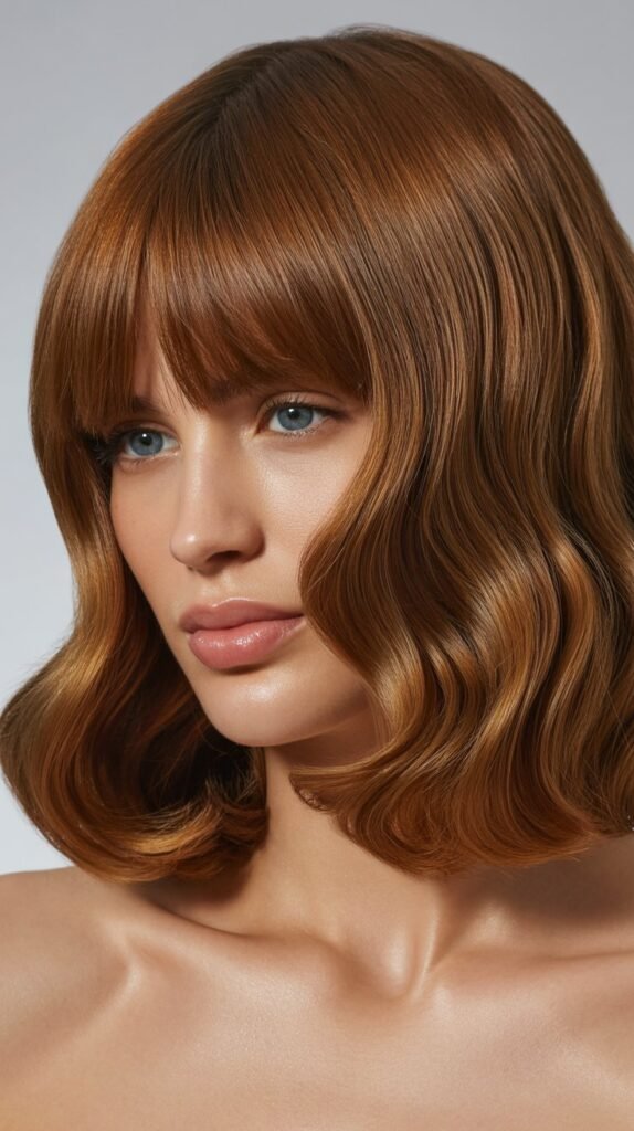 Long Bob with Curtain Bangs and Glossy Waves