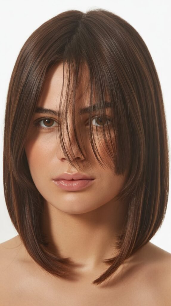 Classic Center-Parted Long Bob with Wispy Curtain Bangs