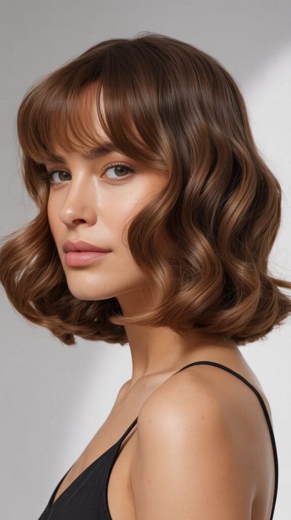 Lob with Curtain Bangs and Permed Texture