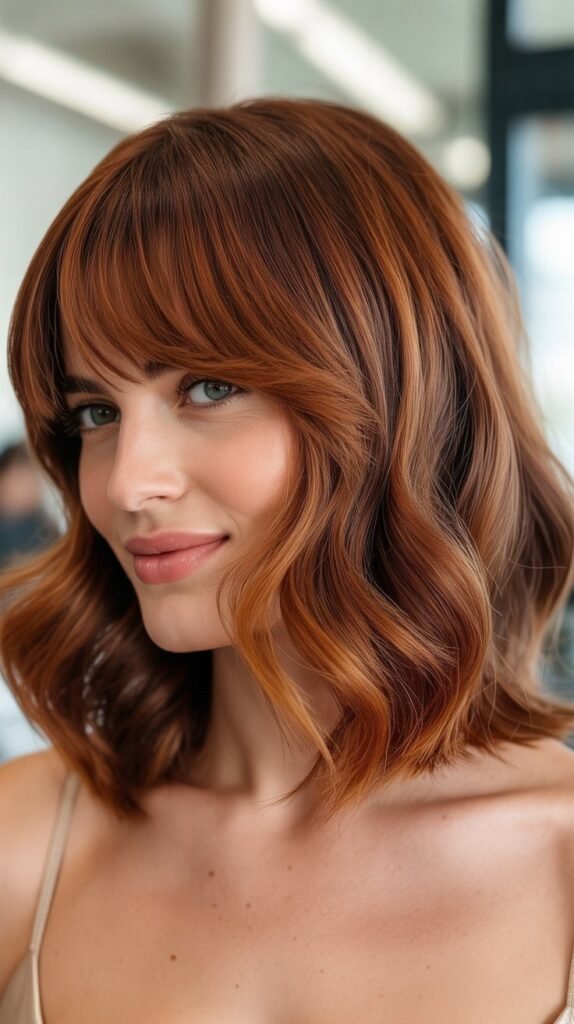  Long Bob with Curtain Bangs and Copper Tones