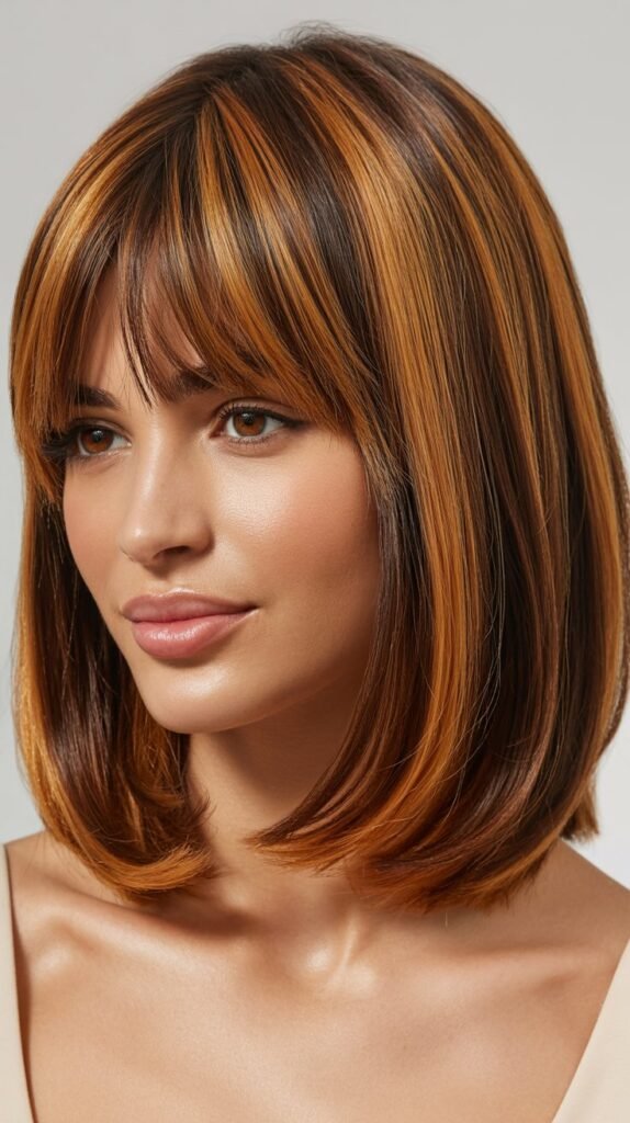 Long Bob with Curtain Bangs and Caramel Highlights
