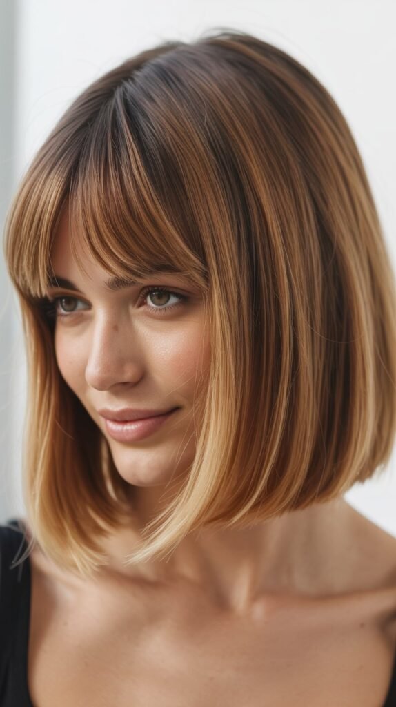 Long Bob with Curtain Bangs and Natural Roots