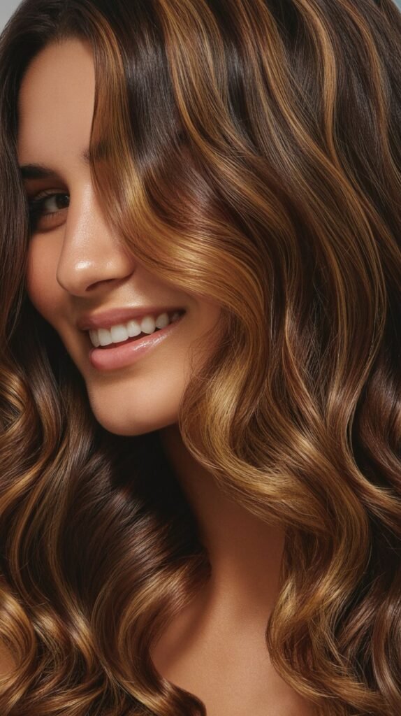 aramel Highlights on Brown Waves with Middle Par