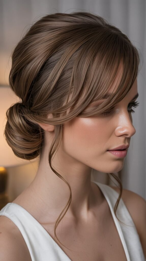 Twisted Low Updo with Asymmetric Bangs