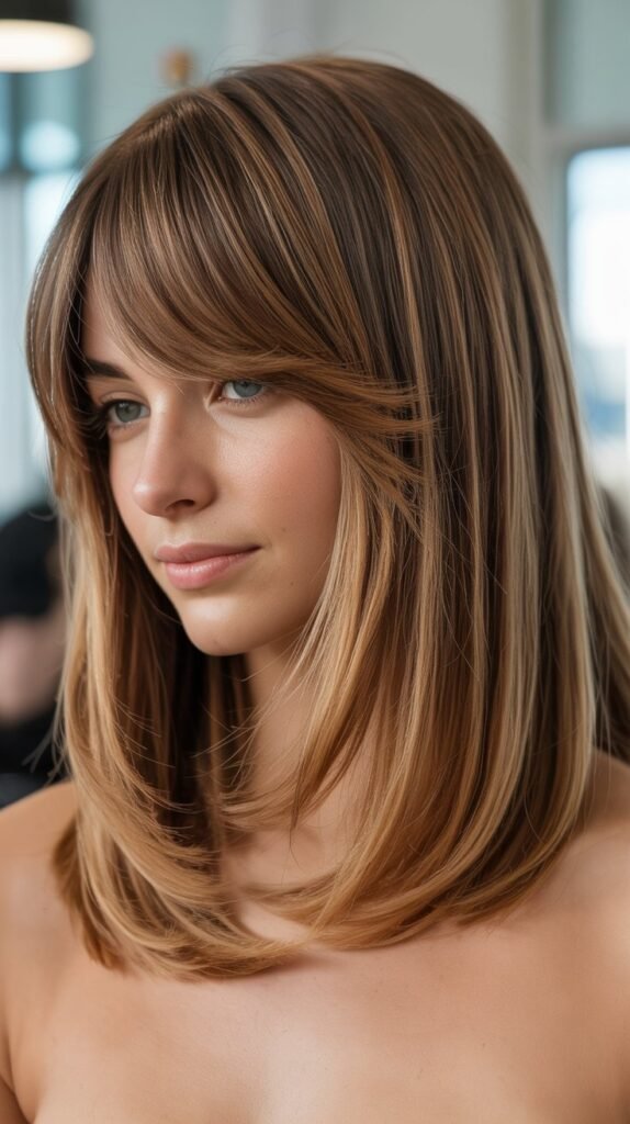 Long Bob with Curtain Bangs and Lowlights