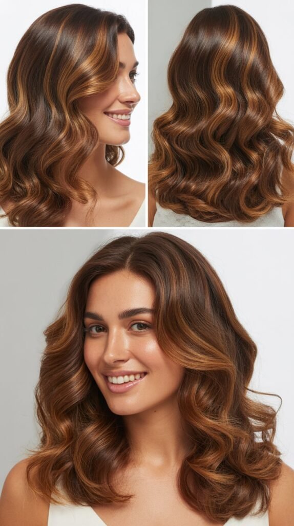 Caramel Highlights on Brown Waves with Glossy Finish