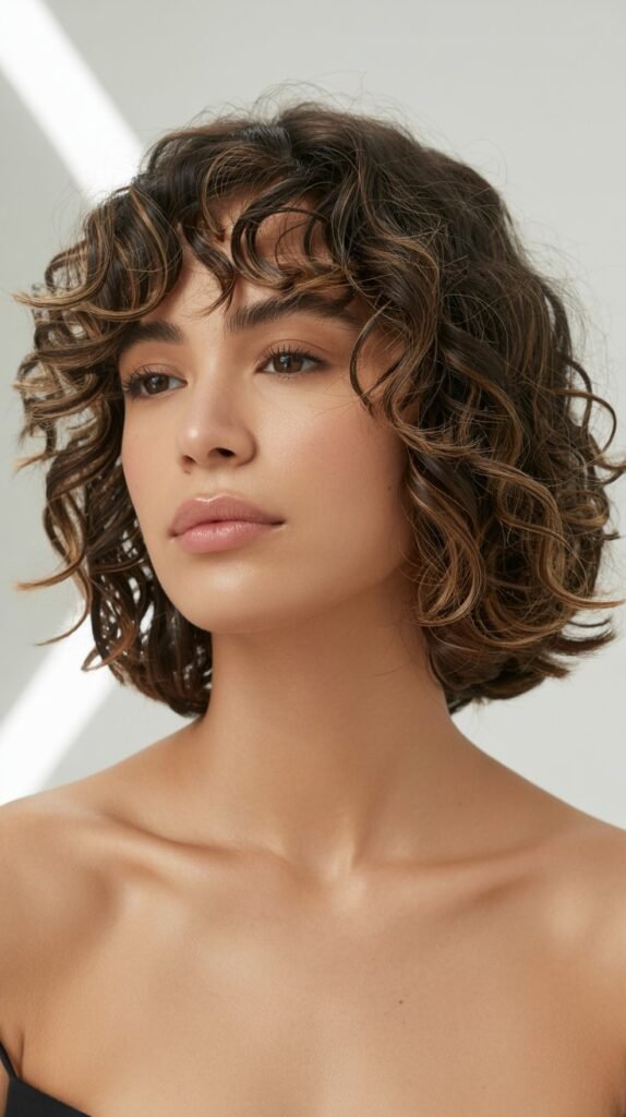 Curly Long Bob with Soft Curtain Bangs